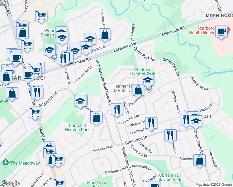 map of restaurants, bars, coffee shops, grocery stores, and more near 53 Milford Haven Drive in Toronto
