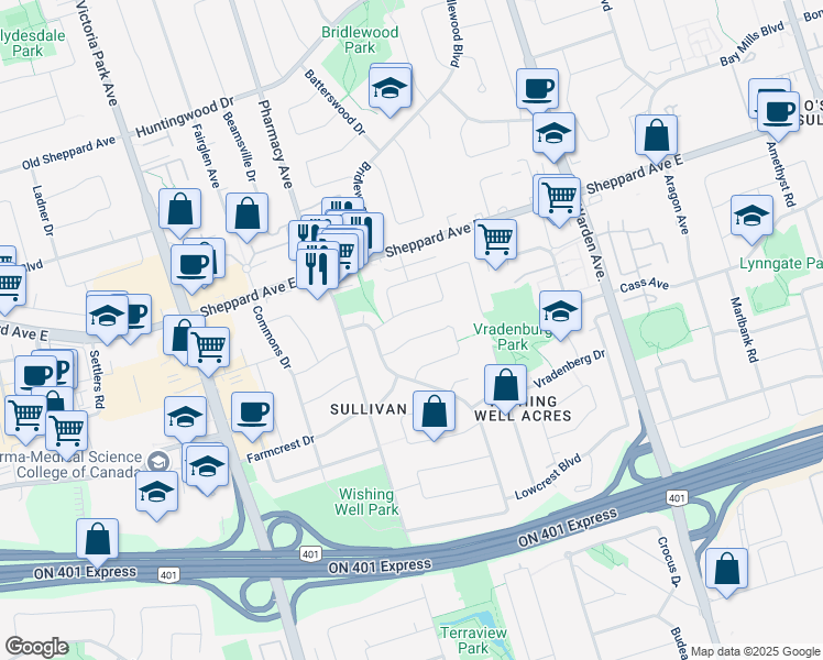 map of restaurants, bars, coffee shops, grocery stores, and more near 60 Beacham Crescent in Toronto