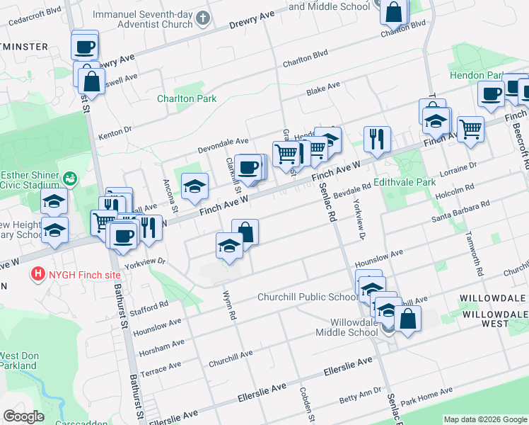 map of restaurants, bars, coffee shops, grocery stores, and more near 76 Bevdale Road in Toronto