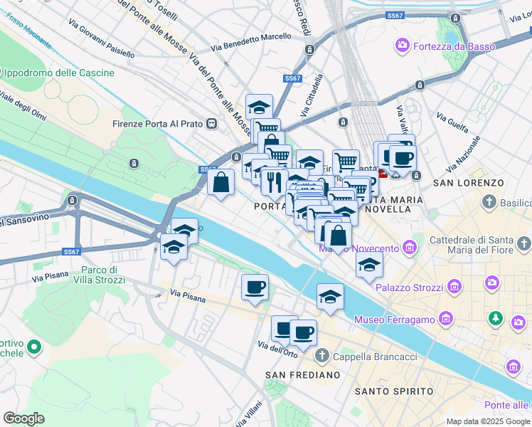 map of restaurants, bars, coffee shops, grocery stores, and more near 11 Via Solferino in Firenze