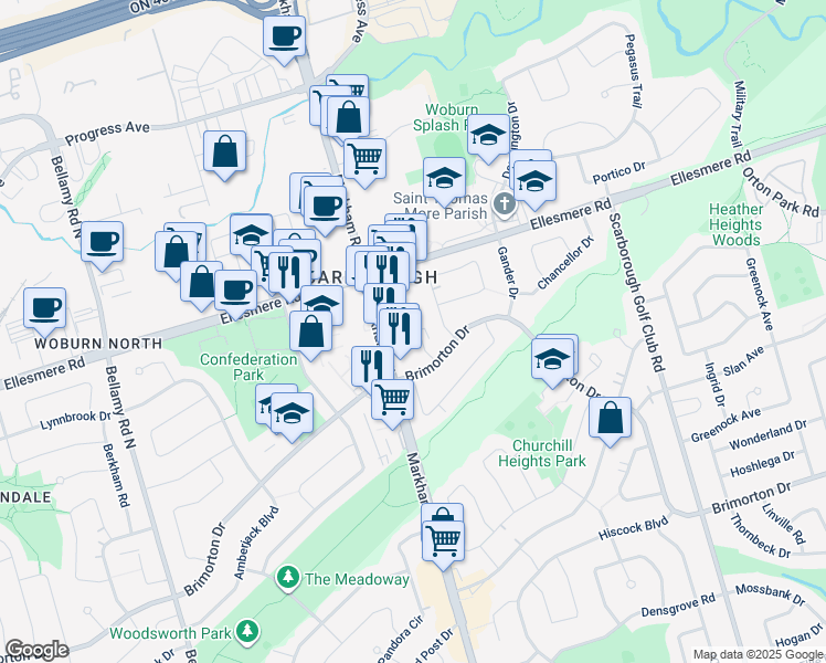 map of restaurants, bars, coffee shops, grocery stores, and more near in Toronto