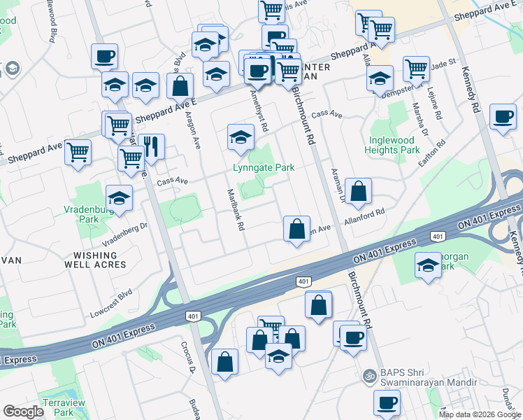 map of restaurants, bars, coffee shops, grocery stores, and more near 31 Birchard Street in Toronto