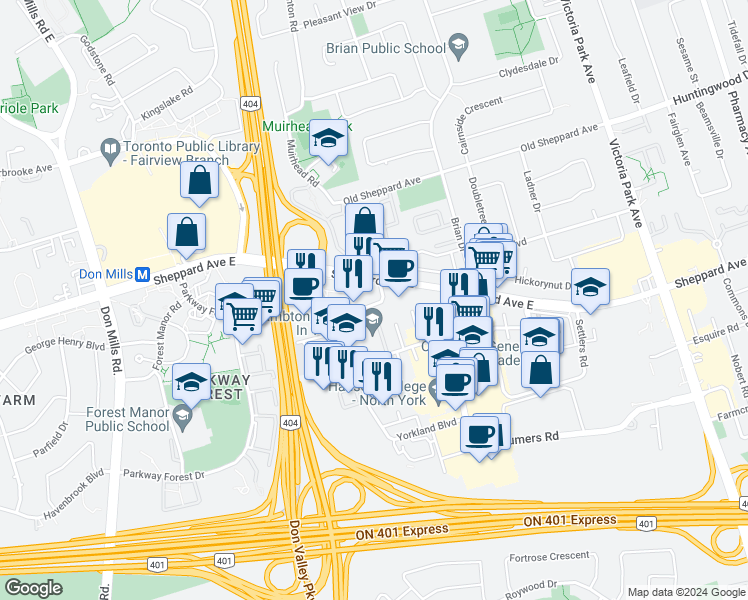 map of restaurants, bars, coffee shops, grocery stores, and more near in Toronto
