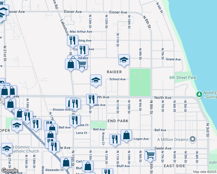 map of restaurants, bars, coffee shops, grocery stores, and more near 2717 North 12th Street in Sheboygan
