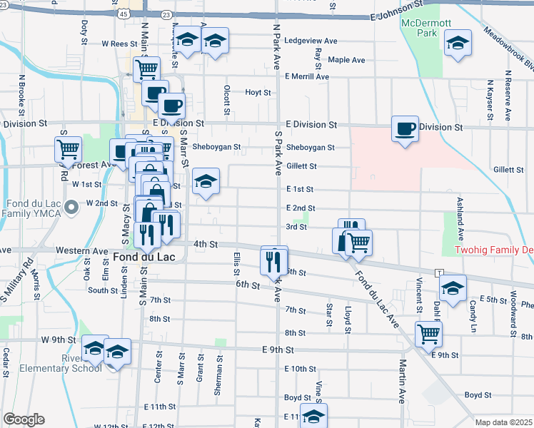 map of restaurants, bars, coffee shops, grocery stores, and more near 181 3rd Street in Fond du Lac