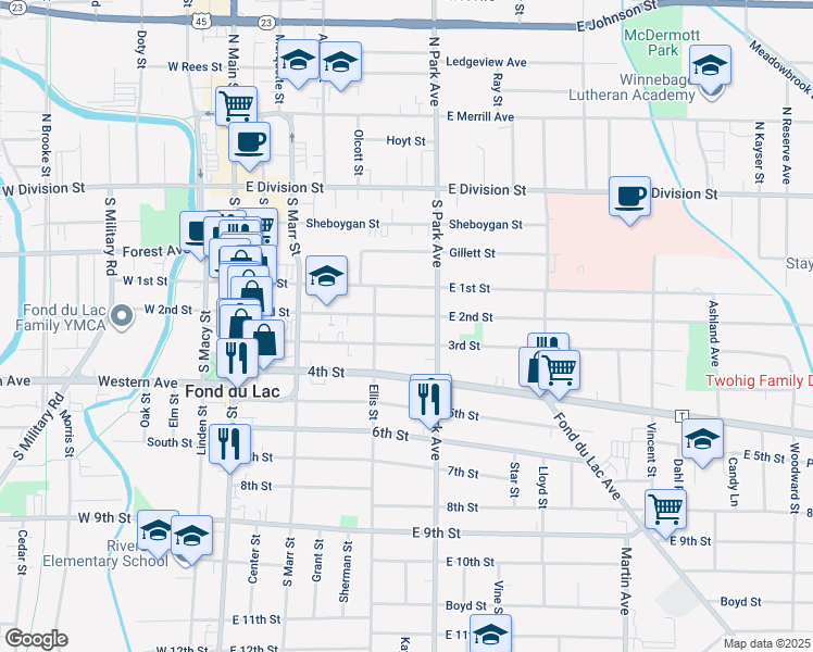 map of restaurants, bars, coffee shops, grocery stores, and more near 181 3rd Street in Fond du Lac