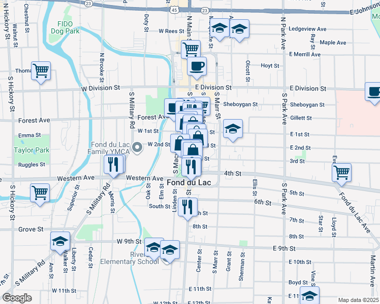 map of restaurants, bars, coffee shops, grocery stores, and more near 15 Court Street in Fond du Lac
