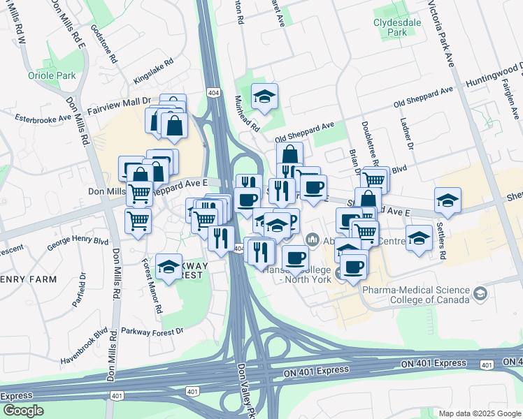map of restaurants, bars, coffee shops, grocery stores, and more near 287 Yorkland Road in Toronto