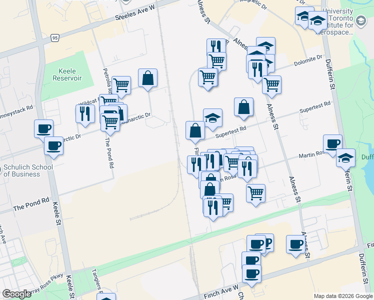 map of restaurants, bars, coffee shops, grocery stores, and more near 840 Flint Road in Toronto