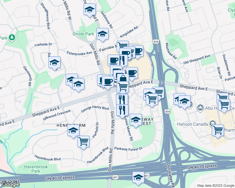 map of restaurants, bars, coffee shops, grocery stores, and more near 70 Forest Manor Road in Toronto