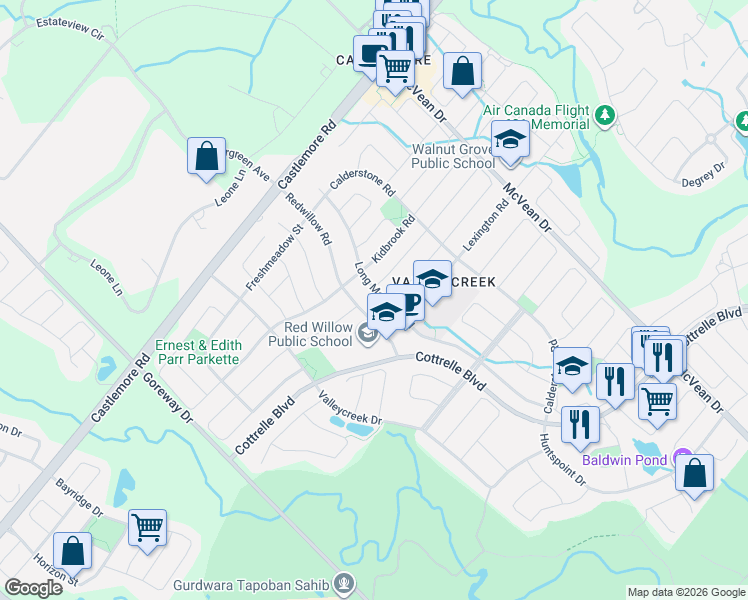 map of restaurants, bars, coffee shops, grocery stores, and more near 62 Long Meadow Road in Brampton