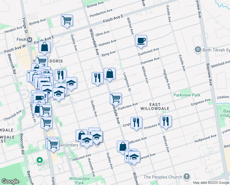 map of restaurants, bars, coffee shops, grocery stores, and more near 171 McKee Avenue in Toronto