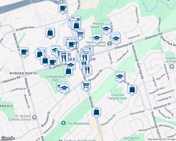 map of restaurants, bars, coffee shops, grocery stores, and more near in Toronto