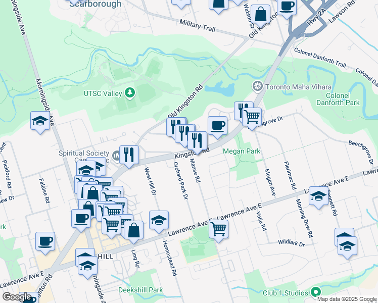 map of restaurants, bars, coffee shops, grocery stores, and more near 416 Manse Road in Toronto