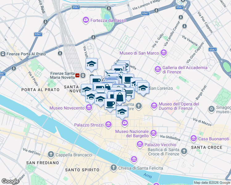 map of restaurants, bars, coffee shops, grocery stores, and more near 9 Via dei Conti in Firenze