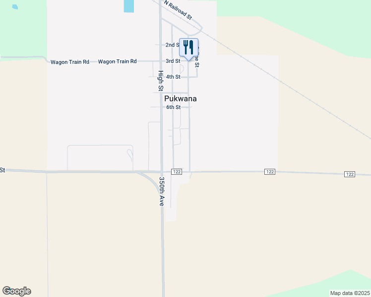 map of restaurants, bars, coffee shops, grocery stores, and more near 624 Main Street in Pukwana
