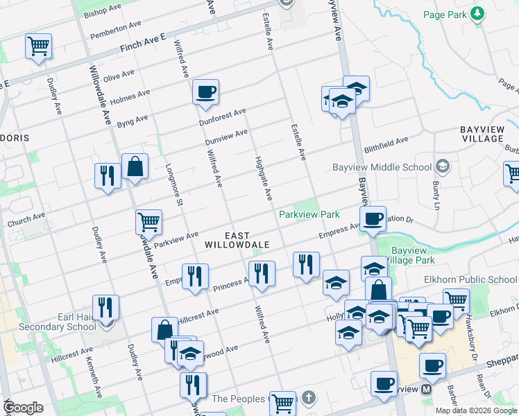 map of restaurants, bars, coffee shops, grocery stores, and more near 316 Parkview Avenue in Toronto