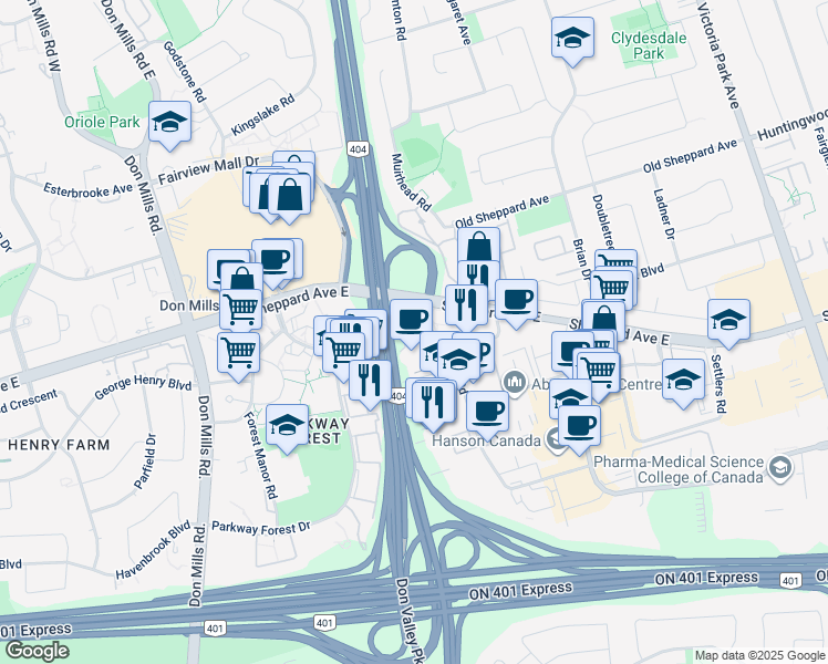 map of restaurants, bars, coffee shops, grocery stores, and more near 2005 Sheppard Avenue East in Toronto