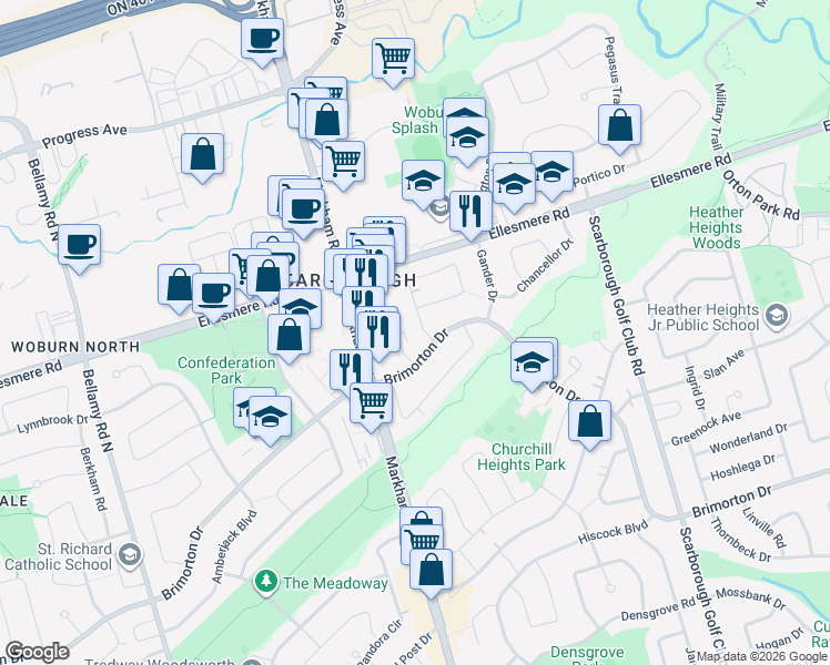 map of restaurants, bars, coffee shops, grocery stores, and more near 6 Clementine Square in Toronto