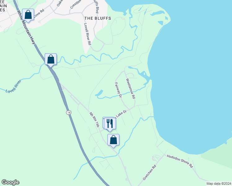 map of restaurants, bars, coffee shops, grocery stores, and more near 17 Fairway Drive in Ossipee