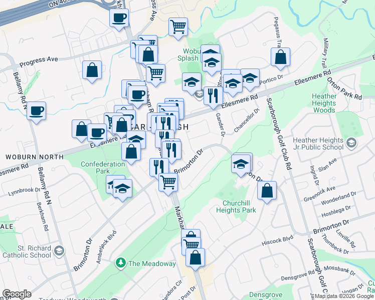 map of restaurants, bars, coffee shops, grocery stores, and more near in Toronto