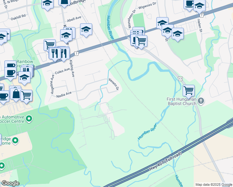 map of restaurants, bars, coffee shops, grocery stores, and more near 212 Veneto Drive in Vaughan