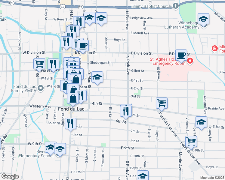 map of restaurants, bars, coffee shops, grocery stores, and more near 135 3rd Street in Fond du Lac