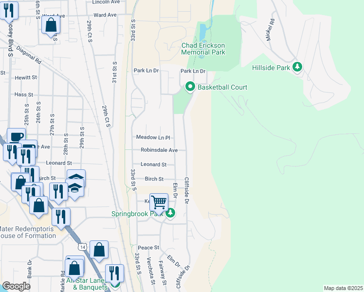 map of restaurants, bars, coffee shops, grocery stores, and more near 3307 Elm Drive in La Crosse