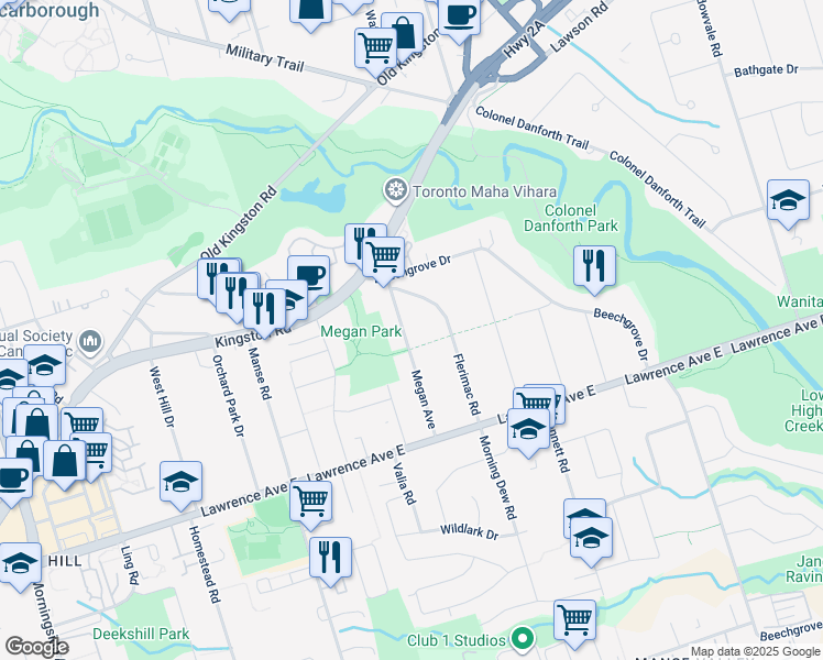 map of restaurants, bars, coffee shops, grocery stores, and more near 41 Megan Avenue in Toronto