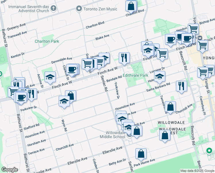 map of restaurants, bars, coffee shops, grocery stores, and more near 329 Senlac Road in Toronto