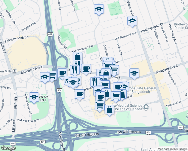 map of restaurants, bars, coffee shops, grocery stores, and more near 2125 Sheppard Avenue East in Toronto