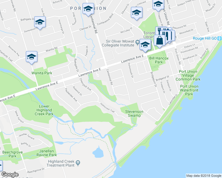 map of restaurants, bars, coffee shops, grocery stores, and more near 38 Centennial Road in Toronto