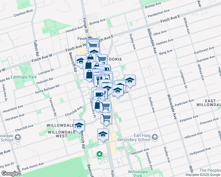 map of restaurants, bars, coffee shops, grocery stores, and more near 880 Grandview Way in Toronto