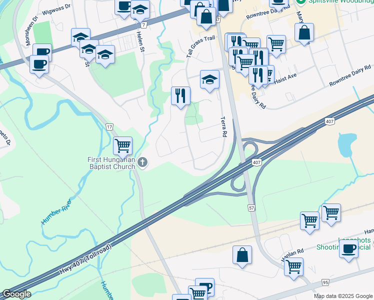 map of restaurants, bars, coffee shops, grocery stores, and more near 5 Timber Lane in Vaughan
