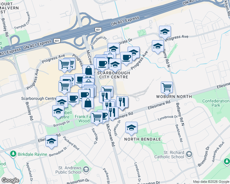 map of restaurants, bars, coffee shops, grocery stores, and more near 100 Grangeway Avenue in Toronto