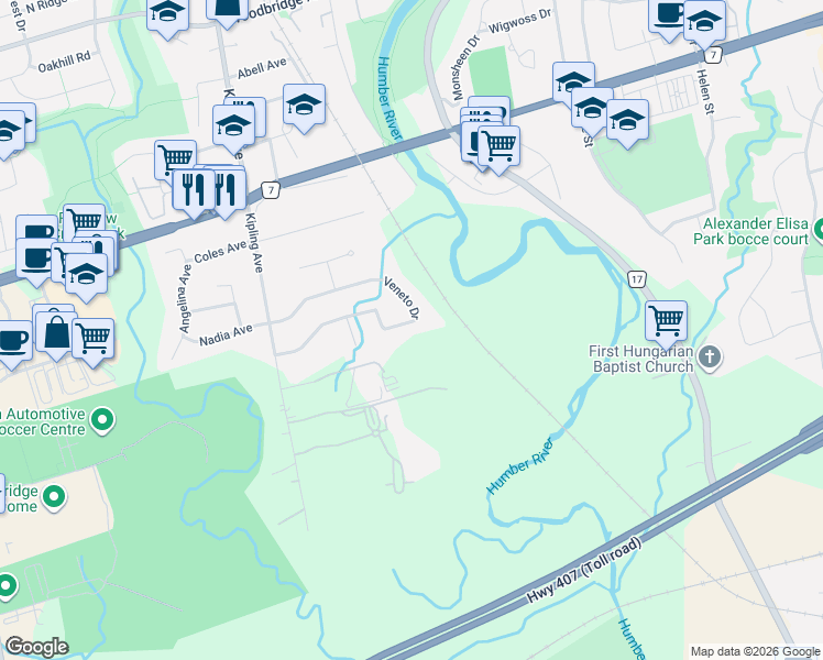 map of restaurants, bars, coffee shops, grocery stores, and more near 192 Veneto Drive in Vaughan