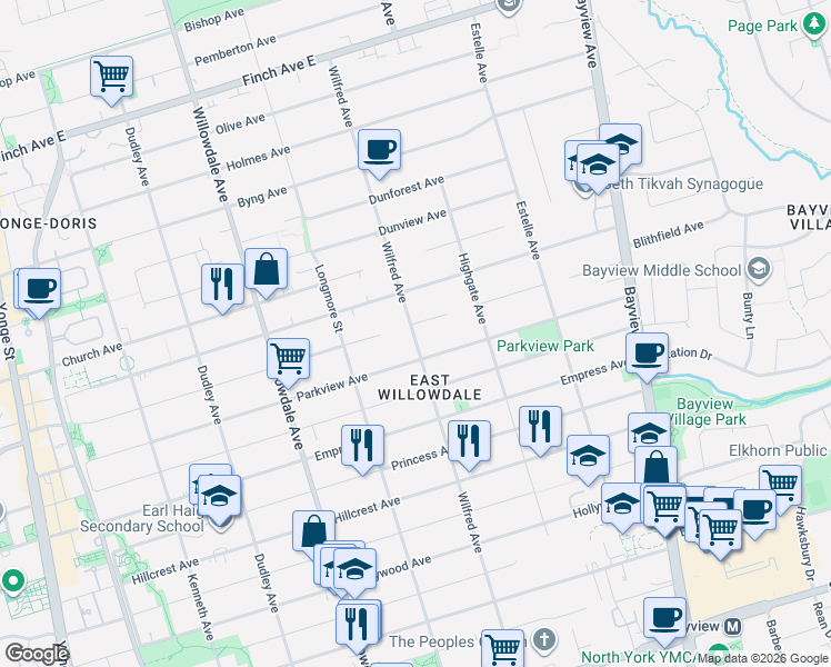 map of restaurants, bars, coffee shops, grocery stores, and more near 185 Wilfred Avenue in Toronto
