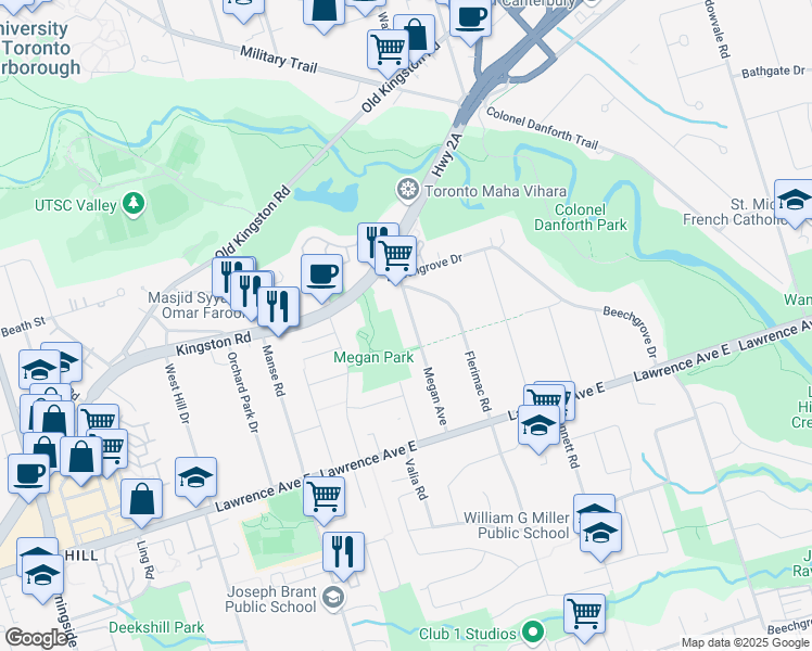 map of restaurants, bars, coffee shops, grocery stores, and more near 46 Megan Avenue in Toronto