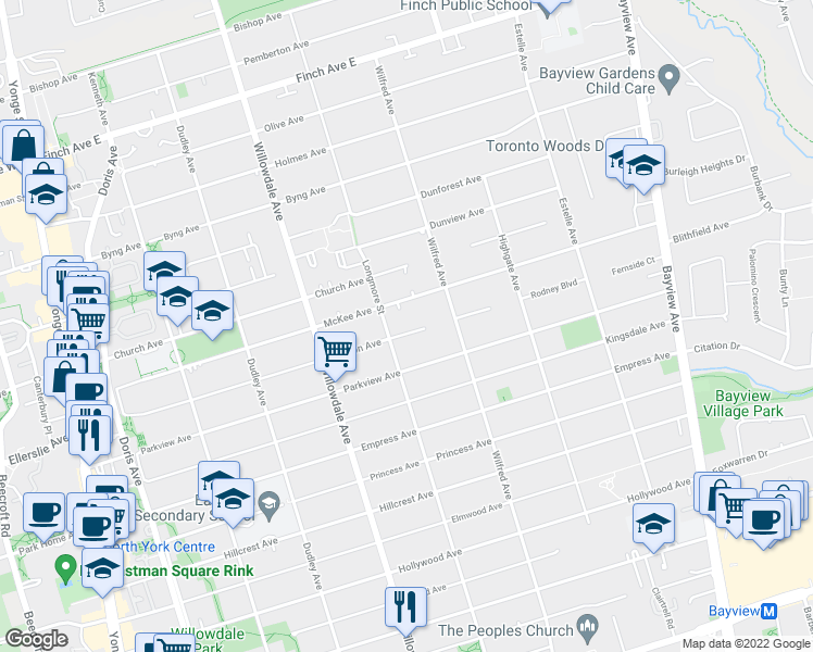 map of restaurants, bars, coffee shops, grocery stores, and more near 196 Norton Avenue in Toronto