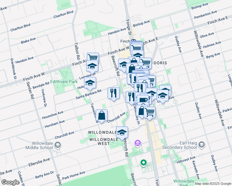 map of restaurants, bars, coffee shops, grocery stores, and more near 72 Hounslow Avenue in Toronto