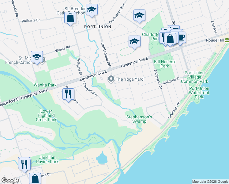 map of restaurants, bars, coffee shops, grocery stores, and more near 38 Centennial Road in Toronto