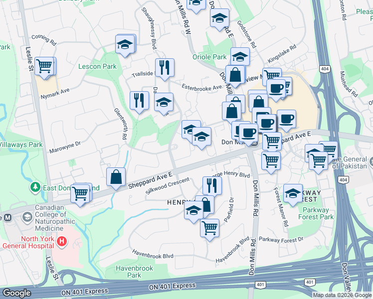 map of restaurants, bars, coffee shops, grocery stores, and more near 5 Rochelle Crescent in Toronto