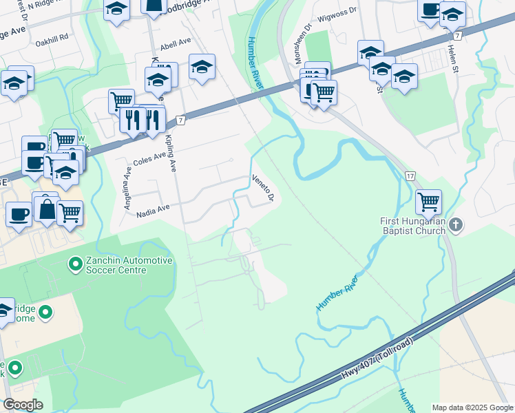 map of restaurants, bars, coffee shops, grocery stores, and more near 212 Veneto Dr in Vaughan
