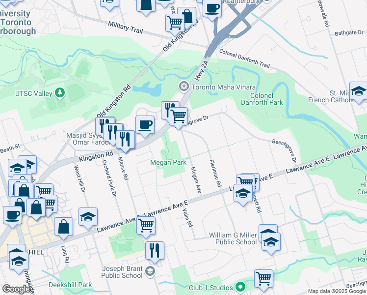 map of restaurants, bars, coffee shops, grocery stores, and more near 35 Megan Avenue in Toronto