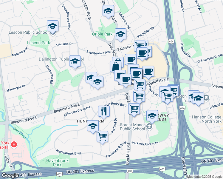 map of restaurants, bars, coffee shops, grocery stores, and more near 104 Sheppard Avenue East in Toronto