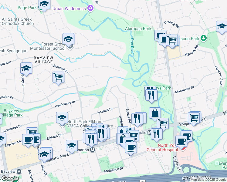 map of restaurants, bars, coffee shops, grocery stores, and more near in Toronto