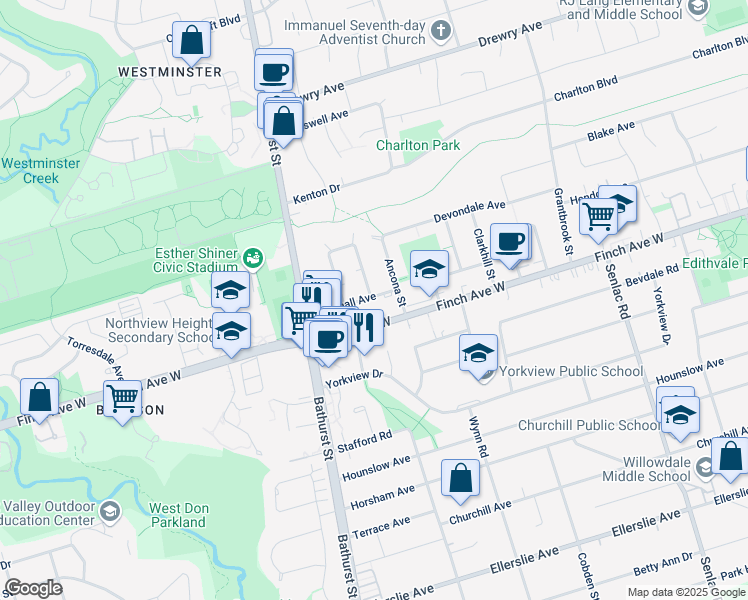 map of restaurants, bars, coffee shops, grocery stores, and more near in Toronto