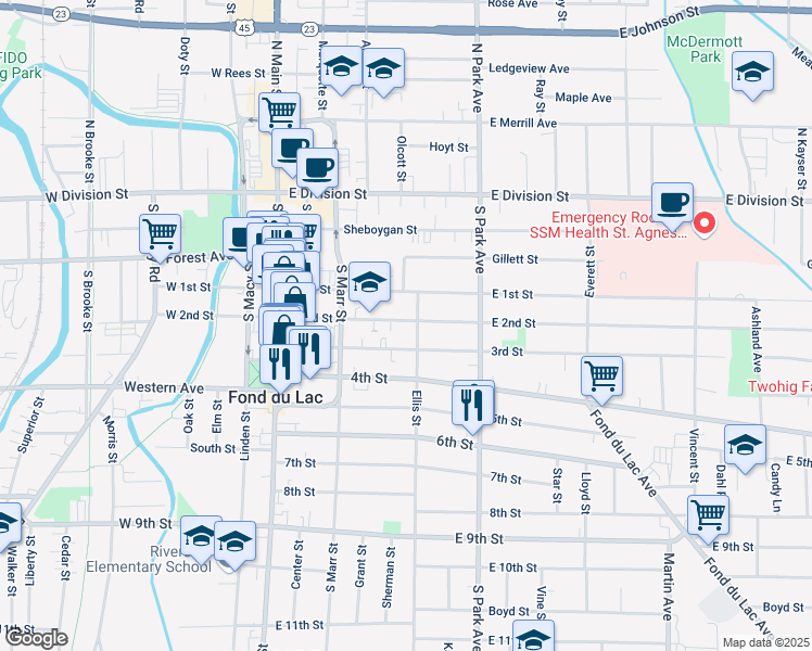 map of restaurants, bars, coffee shops, grocery stores, and more near 135 3rd Street in Fond du Lac