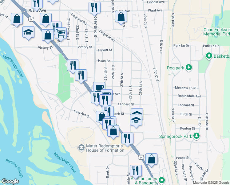 map of restaurants, bars, coffee shops, grocery stores, and more near 3315 26th Street South in La Crosse