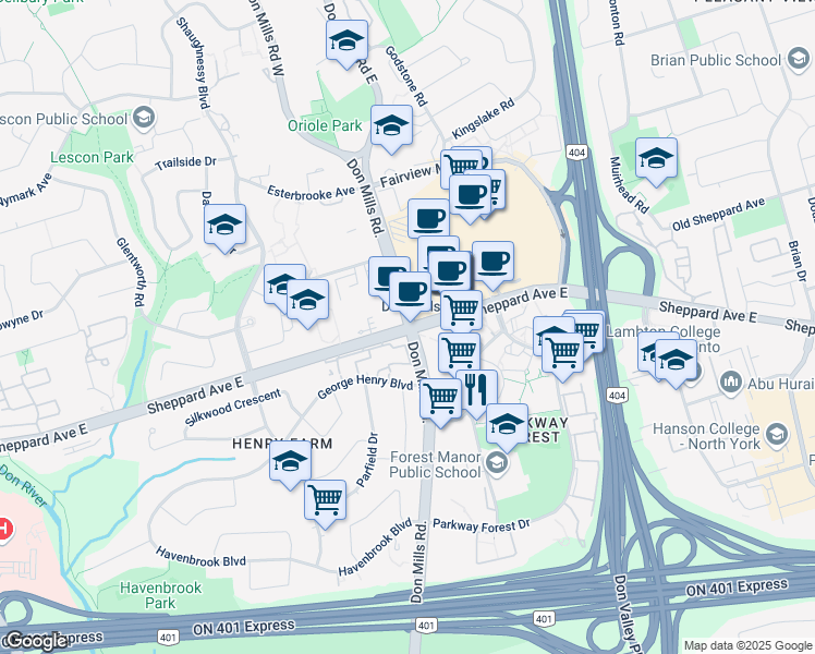 map of restaurants, bars, coffee shops, grocery stores, and more near 1668 Sheppard Avenue East in Toronto